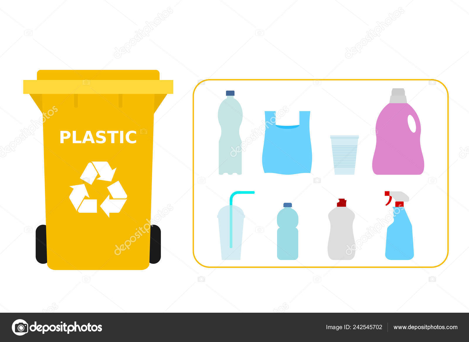 Bote Basura Amarillo Con Residuos Plástico Adecuado Para Reciclaje Reciclar  Vector de stock #242545702 de ©Tacka, image size:1600x1167