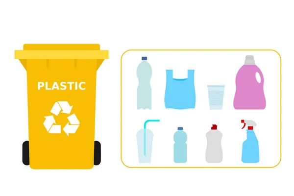 Bote Basura Amarillo Con Residuos Plástico Adecuado Para Reciclaje Reciclar — Vector de stock