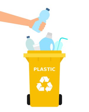 El bir plastik şişe geri dönüşüm kutusu atma. Sıralama çöp, çevre dostu, kavram plastik geri dönüşüm, ayrılmış atık. Beyaz arka plan. Vektör çizim, düz stil.