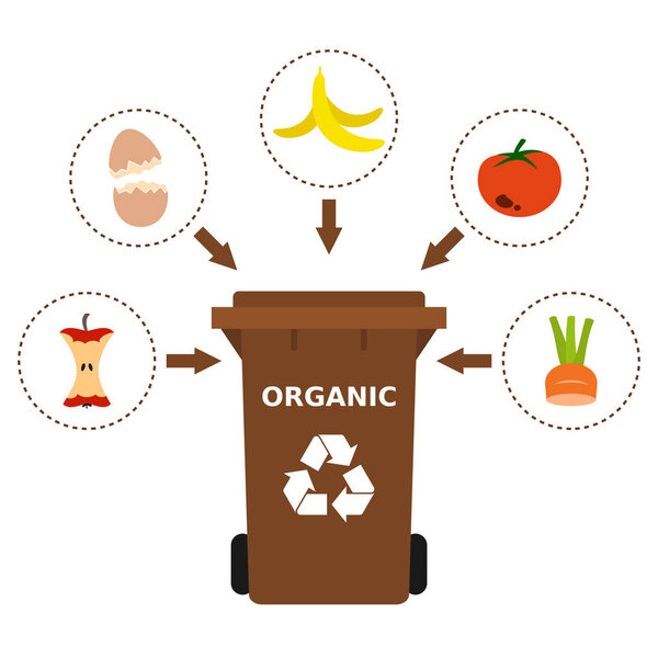 Brown trash can with organic waste suitable for recycling. Recycling organic waste, compost, segregate waste, sorting garbage, eco friendly, concept. White background. Vector illustration, flat style.
