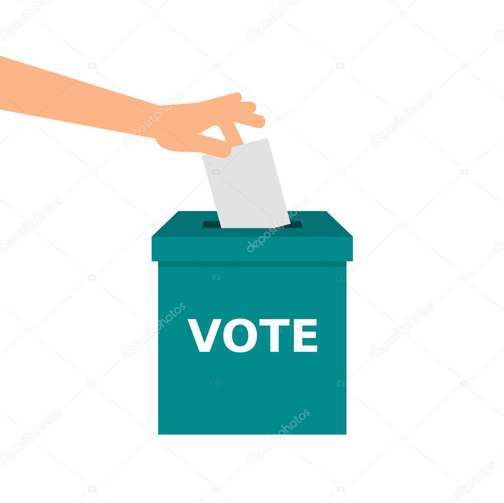 Hand is putting voting paper in the ballot box. VOTE message. Elections, democracy,participation,vote,concept. Calling for participation in elections. Vector illustration, flat style, clip art.