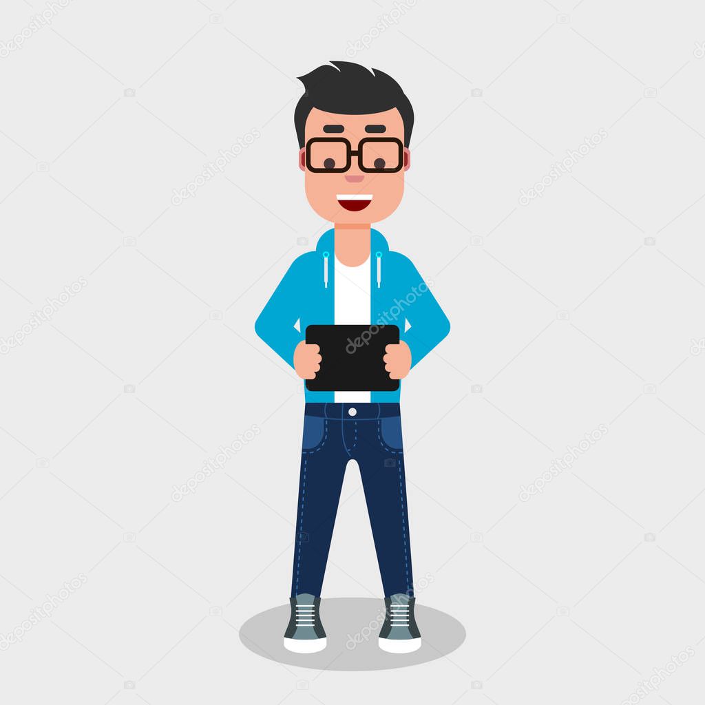 Young man holding tablet computer in his hands and smiling. Boy looking at the tablet PC screen. Wireless communication, electronic gadget, concept. Vector illustration, flat style, clip art.