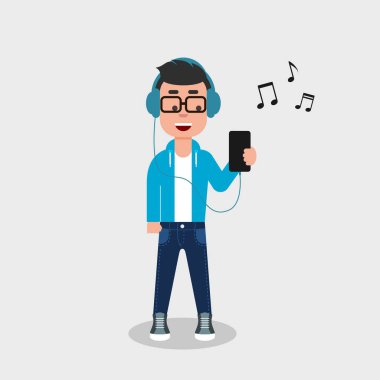 Genç adam telefonda müzik dinlemek. Kot pantolon ve kazak şarkı telefon üzerinde tarama kulaklık adamla. Geek cep telefonu arıyor, müzik ve gülümseyen dinlemek. Vektör çizim, düz stil.