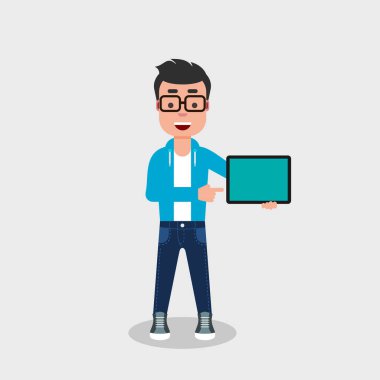 Genç adam tablet Pc gösterilen ve gülümseyerek. Kot pantolon ve kazak Geek bir tablet bilgisayar ve bunda işaret parmak tutuyor. Mobil teknolojisi, insanlar ve becerikli, kavram. Vektör çizim, küçük resim.
