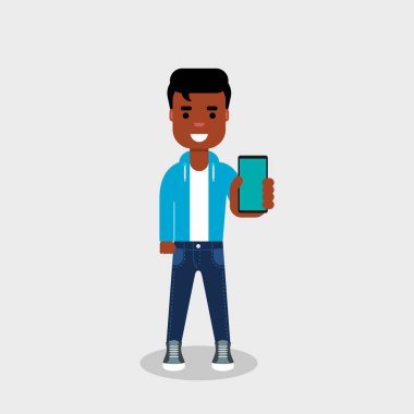 Genç Afro-Amerikan gösteren telefon ve gülümseyen olduğunu. Kot pantolon ve kazak Geek smartphone tutuyor. Mobil teknolojisi, insanlar ve becerikli, kavram. Vektör çizim, düz stil, küçük resim.