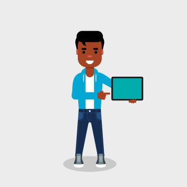 Genç Afrikalı-Amerikalı tablet Pc gösterilen ve gülümseyerek. Kot pantolon ve kazak Geek bir tablet bilgisayar ve bunda işaret parmak tutuyor. Mobil teknolojisi, insanlar ve becerikli, kavram. Küçük resim. Vektör, illüstrasyon.