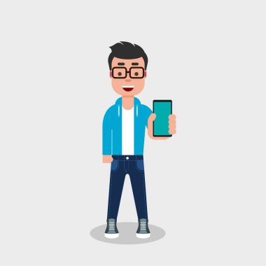Gösteren telefon ve gülümseyen genç adamdır. Kot pantolon ve kazak Geek smartphone tutuyor. Mobil teknolojisi, insanlar ve becerikli, kavram. Vektör çizim, düz stil, küçük resim.