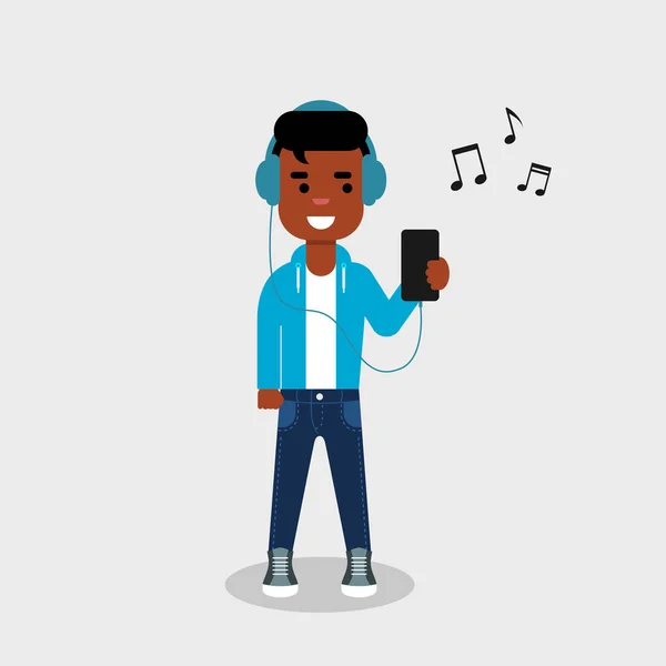 Joven Afroamericano Está Escuchando Música Por Teléfono Tipo Con Auriculares — Archivo Imágenes Vectoriales