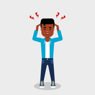 Genç Afrikalı-Amerikalı bir baş ağrısı ile. Migren sahip holding baş. Hayal kırıklığı, öfke, acı, söz konusu olduğunda, endişeli, kavram. Stresli, hayal kırıklığına adam gerilim hisseder. Vektör çizim, düz stil