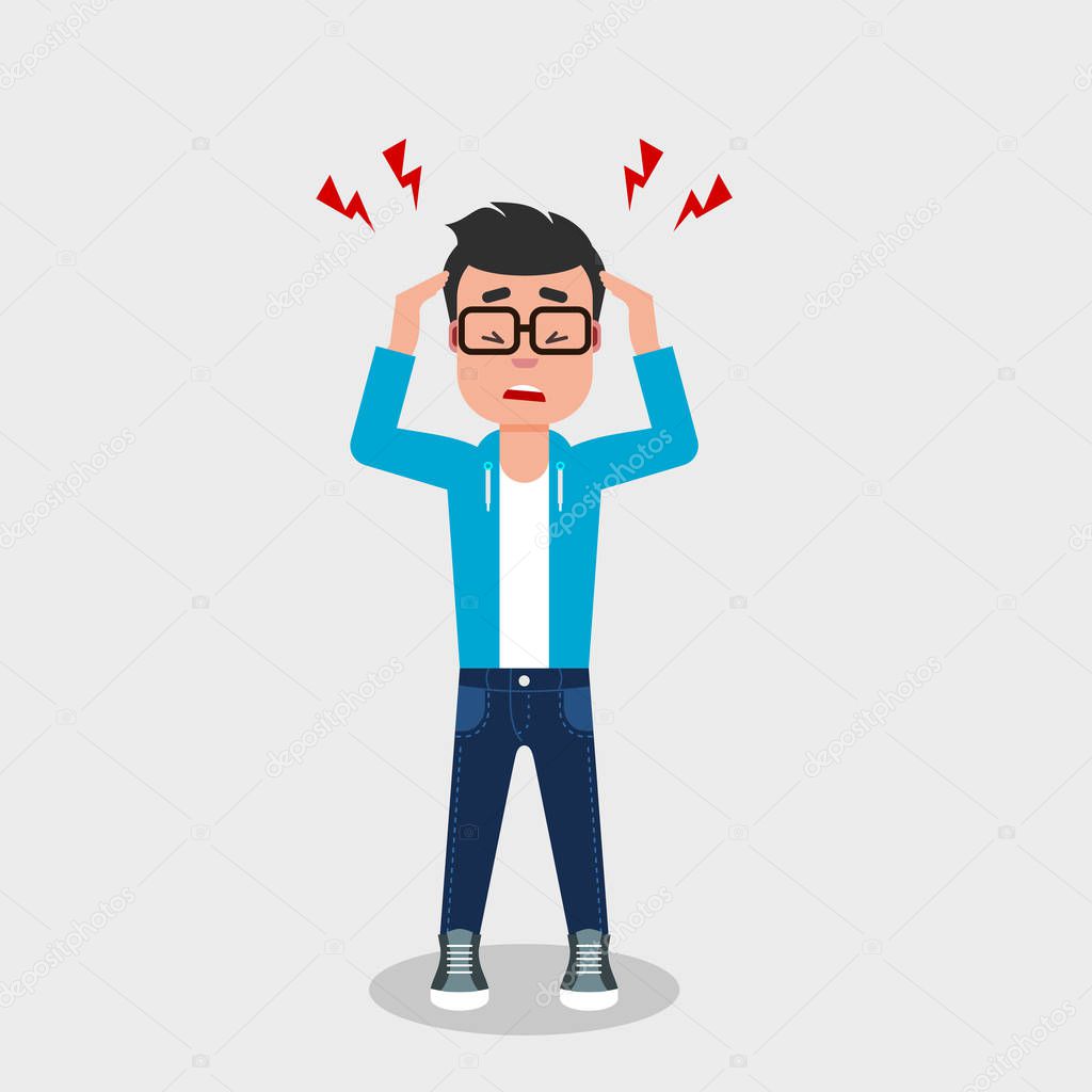 Young man with a headache. Guy holding head having migraine. Frustration, anger, pain, concerned, worried, concept. Stressed, disappointed man feels tension. Vector illustration, flat style, clip art.