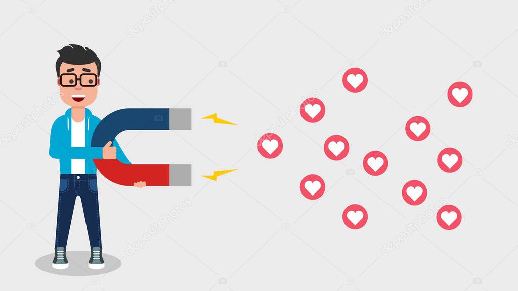 Young man attracting hearts with a magnet. Popularity on social networks. Influencer. Social media marketing concept. Guy holding magnet dragging heart signs. Vector illustration,flat style, clip art.