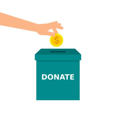 El bağış kutusuna bozuk para koyuyor. Bağış mesajı. Bağış, sadaka, yardım eli, konsept. Adamın kolu bağış işareti olan bir kutuya altın sikke ekler. Vektör çizimi,düz stil,küçük resim.