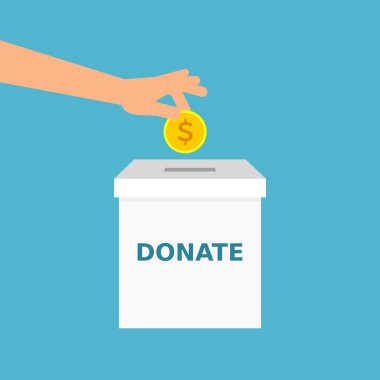 El bağış kutusuna bozuk para koyuyor. Bağış mesajı. Bağış, sadaka, yardım eli, konsept. Adamın kolu bağış işareti olan bir kutuya altın sikke ekler. Vektör çizimi,düz stil,küçük resim. 