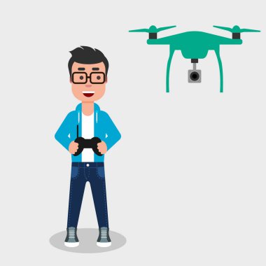Young happy man flying drone with remote control. Smiling character controls aerial drone with a camera. Operating a drone to take pictures or video. Vector illustration, flat style, clip art.