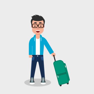 Young cheerful man with a travel bag. Smiling man standing with a suitcase in a hand, ready to travel. Beginning of a journey, traveling, concept. Vector illustration, flat style,clip art.