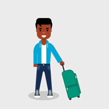 Young African American man with a travel bag. Smiling man standing with a suitcase in a hand, ready to travel. Beginning of a journey, traveling, concept. Vector illustration, flat style,clip art. 