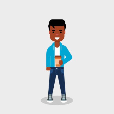 Young African American man with coffee to go in hand. Geek enjoys drink in a disposable paper cup. Young smiling casual dressed man drinking cappuccino, tea or espresso. Vector illustration,flat style, clip art.
