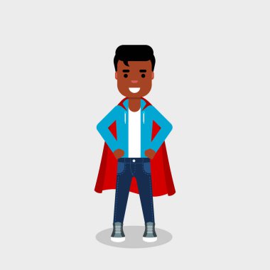 Young African American man wearing a superhero costume. Self confidence, self esteem, proud, concept. Smiling character in superman pose with a red cloak. Vector illustration, flat style, clip art. 