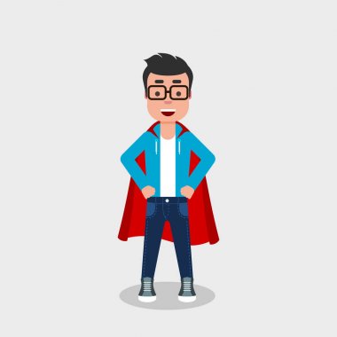 Young cheerful man wearing a superhero costume. Self confidence, self esteem, proud, concept. Smiling character in superman pose with a red cloak. Vector illustration, flat style, clip art.