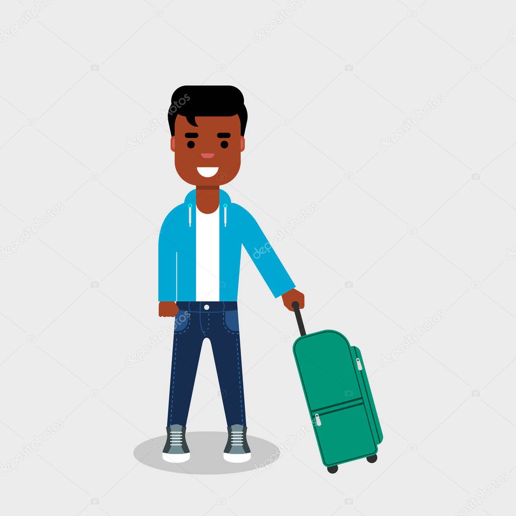 Young African American man with a travel bag. Smiling man standing with a suitcase in a hand, ready to travel. Beginning of a journey, traveling, concept. Vector illustration, flat style,clip art. 
