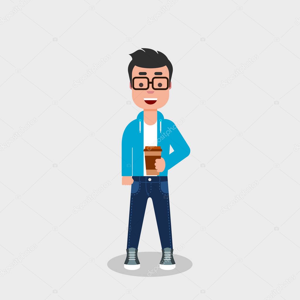 Young hipster with coffee to go in hand. Geek enjoys drink in a disposable paper cup. Young smiling casual dressed man drinking cappuccino, tea or espresso. Vector illustration, flat style, clip art.