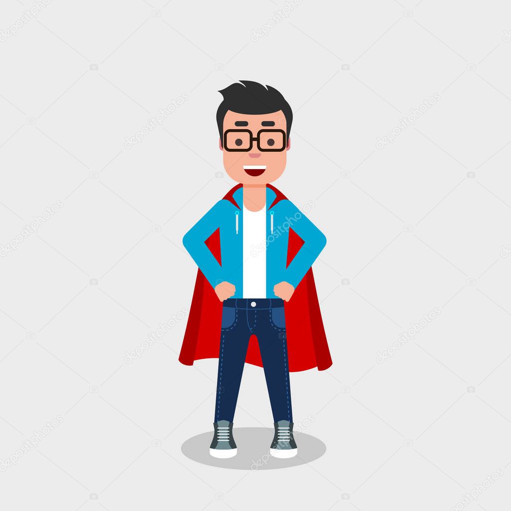 Young cheerful man wearing a superhero costume. Self confidence, self esteem, proud, concept. Smiling character in superman pose with a red cloak. Vector illustration, flat style, clip art.