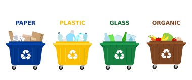 Kağıt, plastik, cam ve geri dönüşüm için uygun organik atık ile farklı renkli çöp konteynerleri. Atıkları ayırın, çöpleri ayıklayın, atık yönetimi. Beyaz arka plan. Vektör illüstrasyon, düz. 