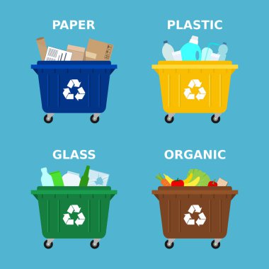 Different colored dumpsters for sorting waste. Segregate waste, sorting garbage, waste management. Trash containers for paper, plastic, glass and organic garbage. Blue background. Vector illustration. clipart