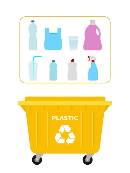 Сміттєзвалище Пластикових Відходів Придатних Переробки Жовтий Контейнер Пластикова Переробка Сегрегація — стоковий вектор