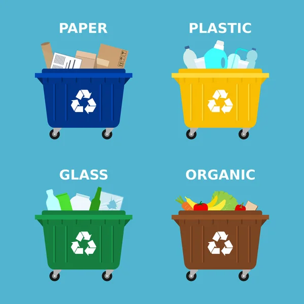廃棄物を選別するための異なる色のごみ箱 廃棄物の分離 ゴミの選別 廃棄物管理 プラスチック ガラス 有機ゴミ用のゴミ箱 青い背景 ベクトルイラスト — ストックベクタ