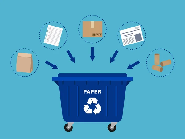 リサイクルに適した青いゴミ捨て場と紙の廃棄物 紙のリサイクル 廃棄物の分離 ゴミの選別 環境にやさしい コンセプト 青い背景 ベクトルイラスト フラットスタイル クリップアート — ストックベクタ