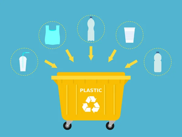 Basurero Amarillo Residuos Plásticos Aptos Para Reciclaje Reciclar Plástico Segregar — Archivo Imágenes Vectoriales