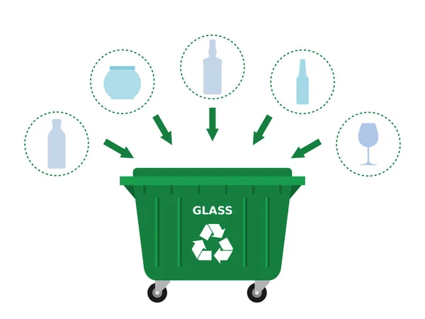 リサイクルに適したグリーンゴミ捨て場とガラス廃棄物 ガラスリサイクル 廃棄物の分離 ゴミの選別 環境にやさしい コンセプト 白い背景 ベクトルイラスト フラットスタイル クリップアート — ストックベクタ
