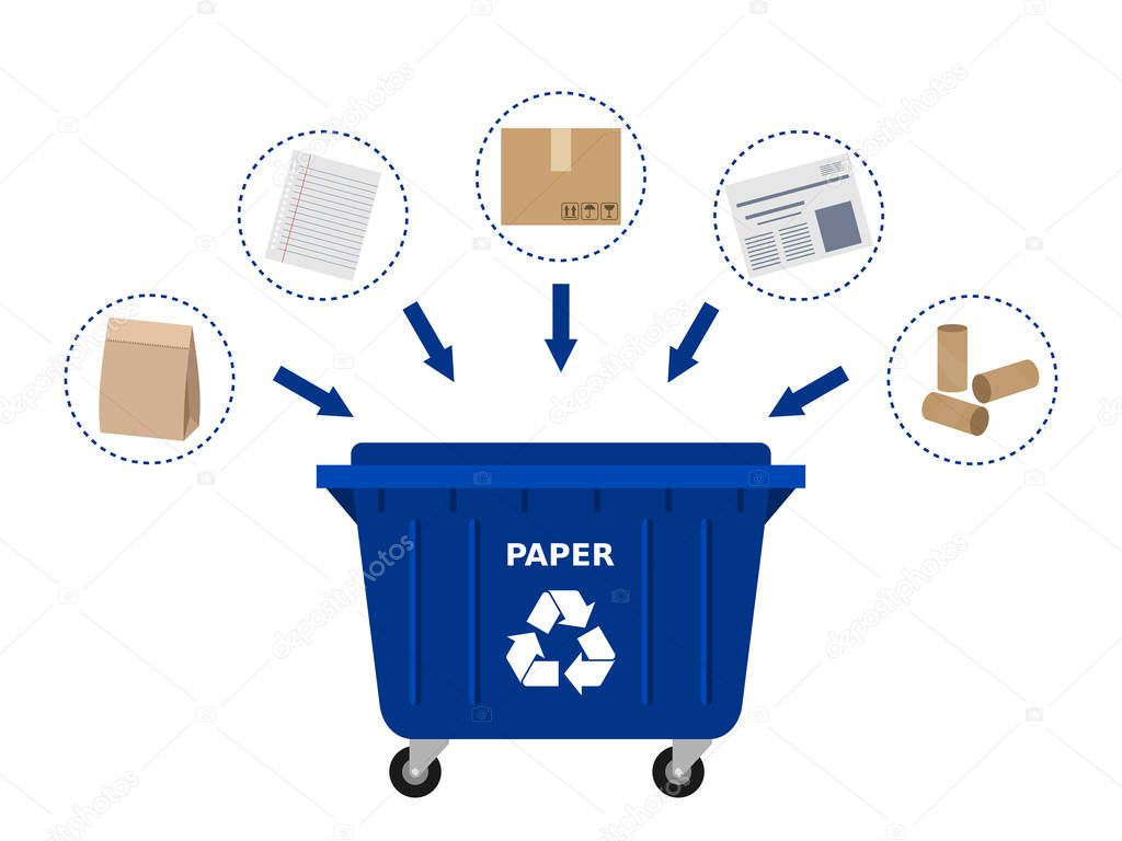 Blue trash dumpster and paper waste suitable for recycling. Paper recycle, segregate waste, sorting garbage, eco friendly, concept. White background. Vector illustration, flat style, clip art.