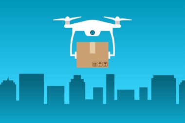 Şehrin üzerinde uçan bir insansız hava aracıyla uzaktan hava dağıtım hizmeti. Drone teslimat konsepti. Quadcopter bir müşteriye bir kutu taşır. Gökyüzünde uçan bir paketle drone. Vektör çizimi, düz, küçük resim.