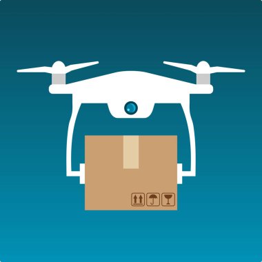 Gökyüzünde bir kutu olan drone. Drone teslimat konsepti. Gökyüzünde uçan bir insansız hava aracıile uzaktan hava dağıtım hizmeti. Quadcopter bir müşteriye bir paket taşır. Vektör çizimi, düz stil, küçük resim.
