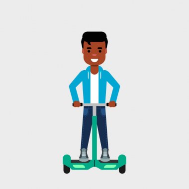 Genç mutlu Afro-Amerikan binicilik elektrikli scooter. Gidip etme konsepti. Bireysel şehir ulaşımı. Gidonlu iki tekerlekli elektrikli akülü araç. Vektör illüstrasyon, düz stil. 
