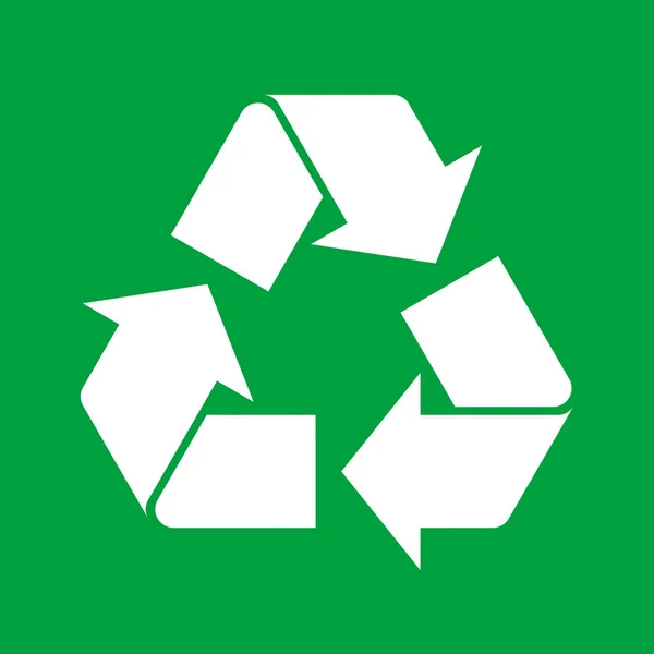 緑の背景にシンプルな白のリサイクル記号 材料をリサイクルするための署名またはアイコン 再利用可能な材料の概念 リサイクル可能な製品を象徴するリサイクルエンブレム ベクトルイラスト フラット クリップアート — ストックベクタ