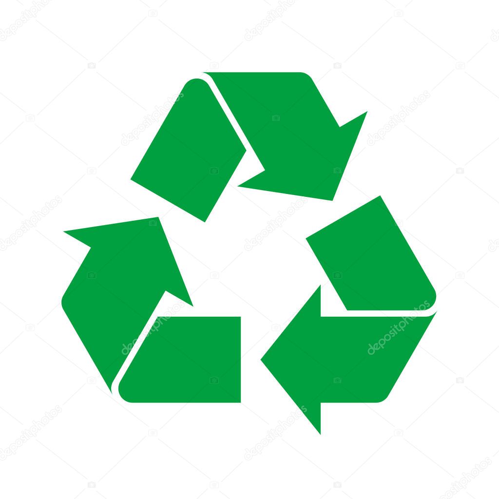 Simple green recycle icon on white background. Sign or symbol for recycling materials. Environmental sustainability concept. Recycle logo symbolizing recyclable product. Vector illustration, flat.  
