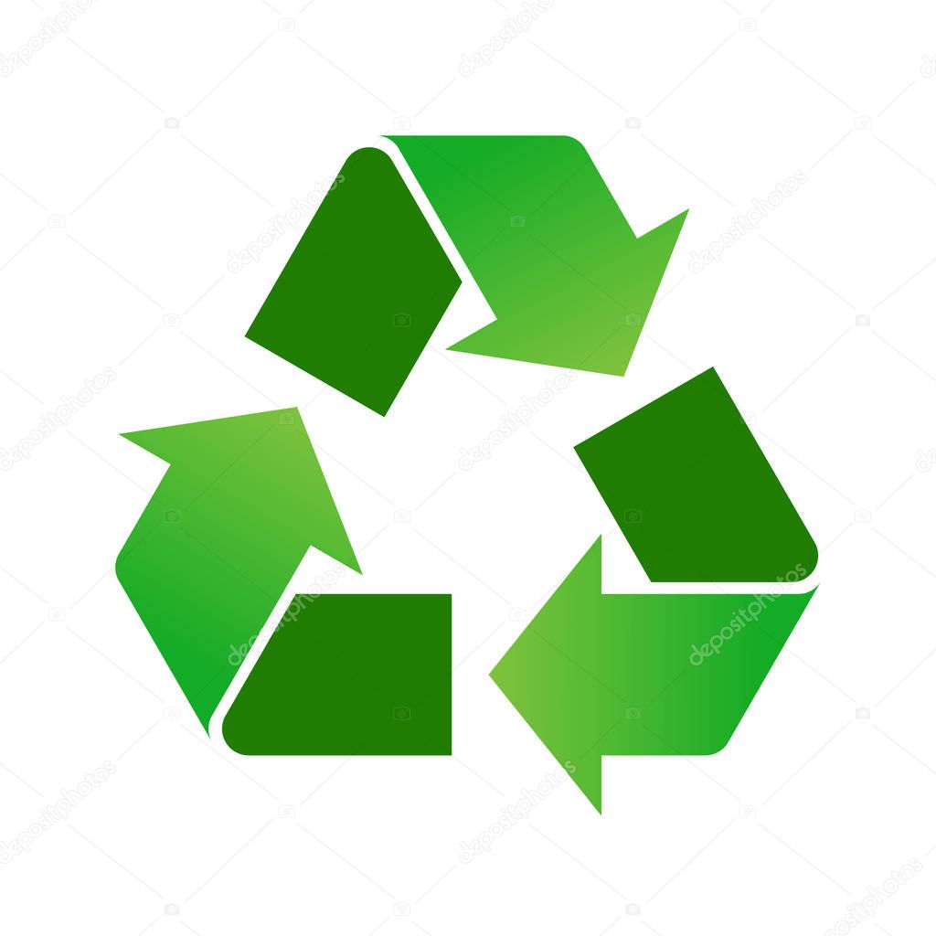 Green gradient recycle symbol, sign, icon, on white background. Triangular recycle logo. Arrows representing recycling materials. Think green, ecological concept. Vector illustration, flat style.