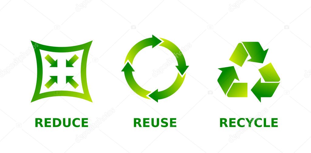 Reduce, reuse, recycle sign set. Three different green gradient recycle, reduce, reuse icons. Ecology, sustainability, conscious consumerism, renew, concept. Vector illustration, flat style, clip art.