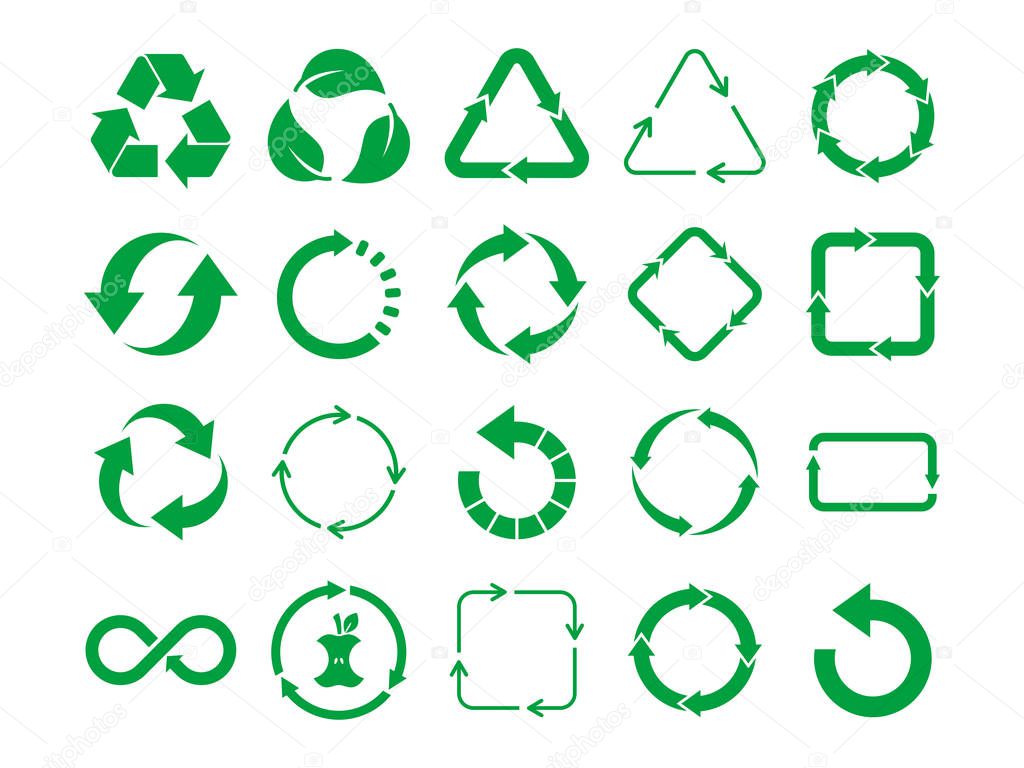 Big recycle sign set. Green recycle icon set on white background. 20 different recycling symbols. Eco friendly, zero waste, concept. Nature cycle arrows set. Vector illustration,flat style, clip art.