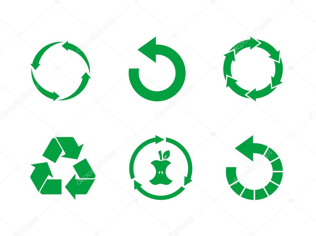 Green recycle sign set on white background. Reuse,renew, compost food waste, concept.Recycle symbol vector set. Collection of 6 different recycling icons.  Vector illustration, flat style, clip art.
