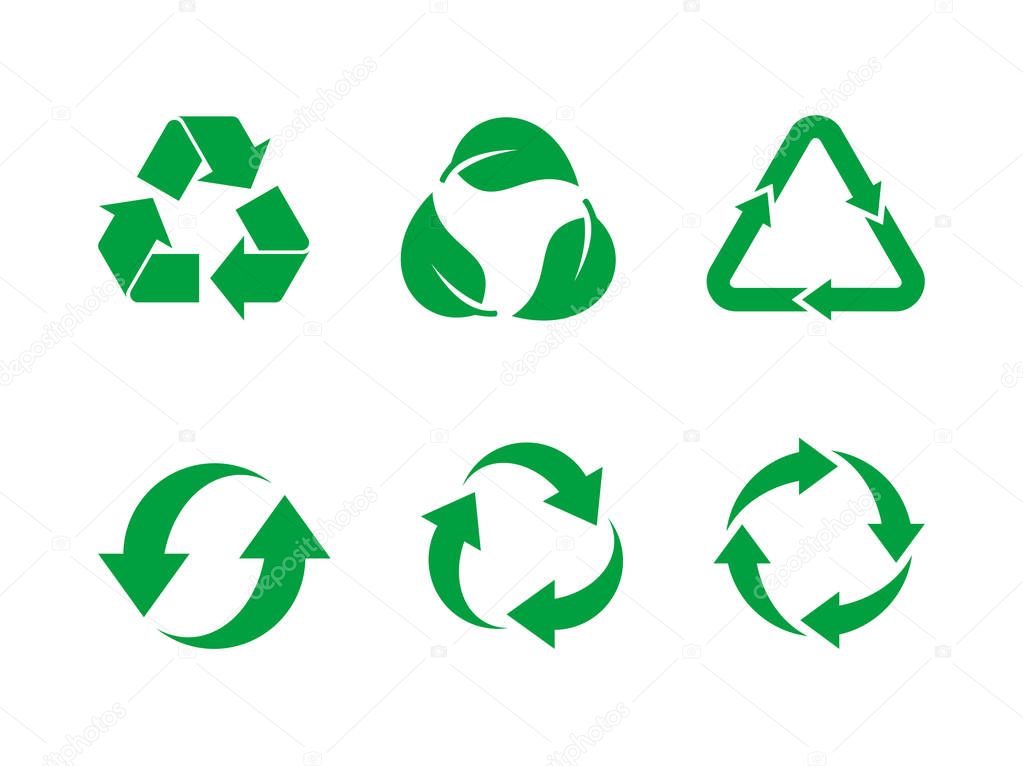 Recycle symbol vector set. Green recycle sign set on white background. Collection of 6 different recycling icons. Reuse, renew, recycling materials, concept. Vector illustration, flat style, clip art.
