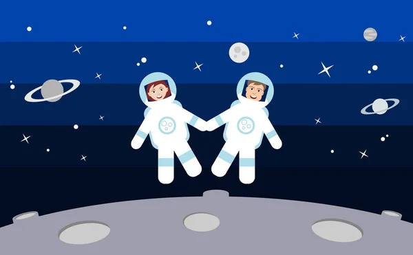 Dos Astronautas Flotan Espacio Tomados Mano Feliz Hombre Mujer Trajes — Vector de stock