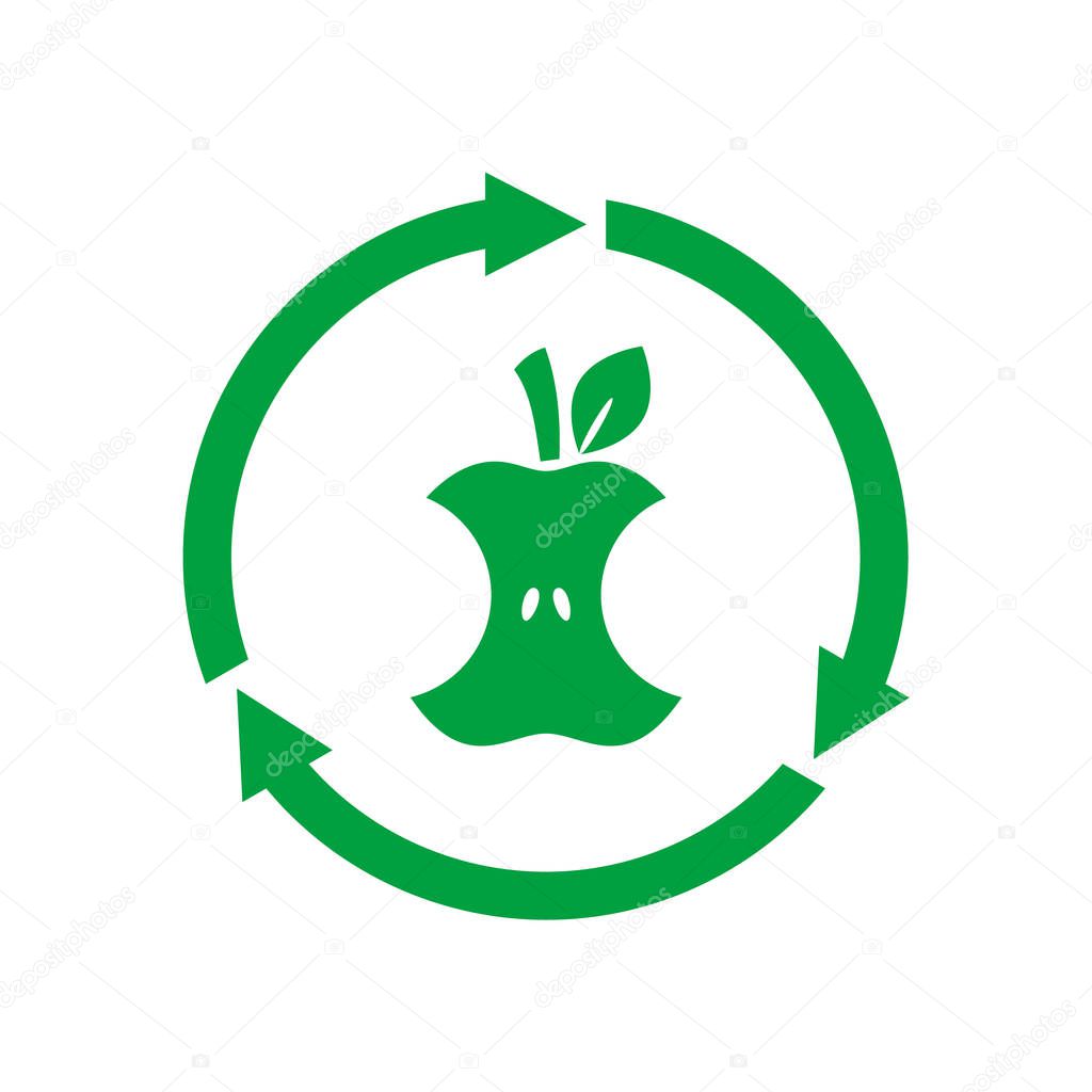 Organic waste. Compostable sign, icon, symbol. Apple core inside circle arrows. Biodegradable product label. Recycle food logo. Compost, recyclable, concept. Vector illustration, flat style, clip art.