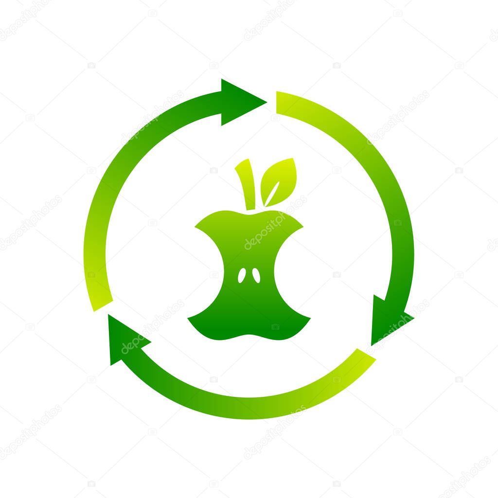 Compostable sign, icon, symbol. Apple core inside circle arrows. Biodegradable product label. Organic waste. Recycle food logo. Compost, recyclable, concept. Vector illustration, flat style, clip art.