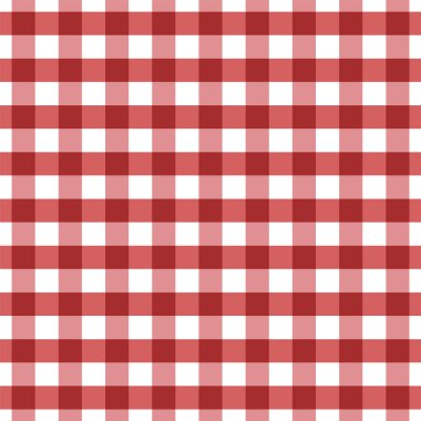 Kırmızı damalı dikişsiz desen. Kırmızı ve beyaz ekose doku. Kırmızı Gingham kusursuz arka plan. Tekstil, masa örtüsü, giysi, gömlek, battaniye ve diğer ürünler için chequered zemin. Vektör çizimi
