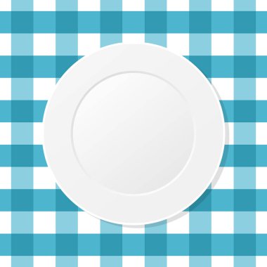 Mavi damalı masa örtüsü nde beyaz tabak. Mutfak masası bezinin üzerine boş tabak. Kusursuz desen. Akşam yemeği için masa ayarı. Yemek, ekose mavi masa örtüsü. Üst te. Vektör çizimi, düz, küçük resim.