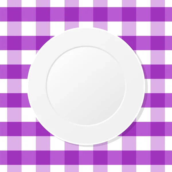 White Plate Violet Checkered Tablecloth Empty Dish Kitchen Table Cloth — Stock Vector